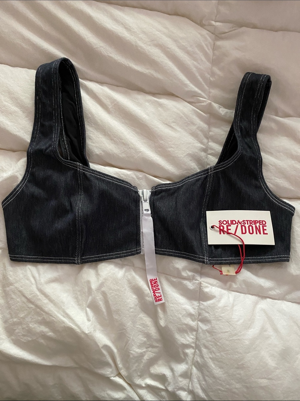 RE/DONE x Solid & Striped Black Denim Zip Front Bikini Top NWT M